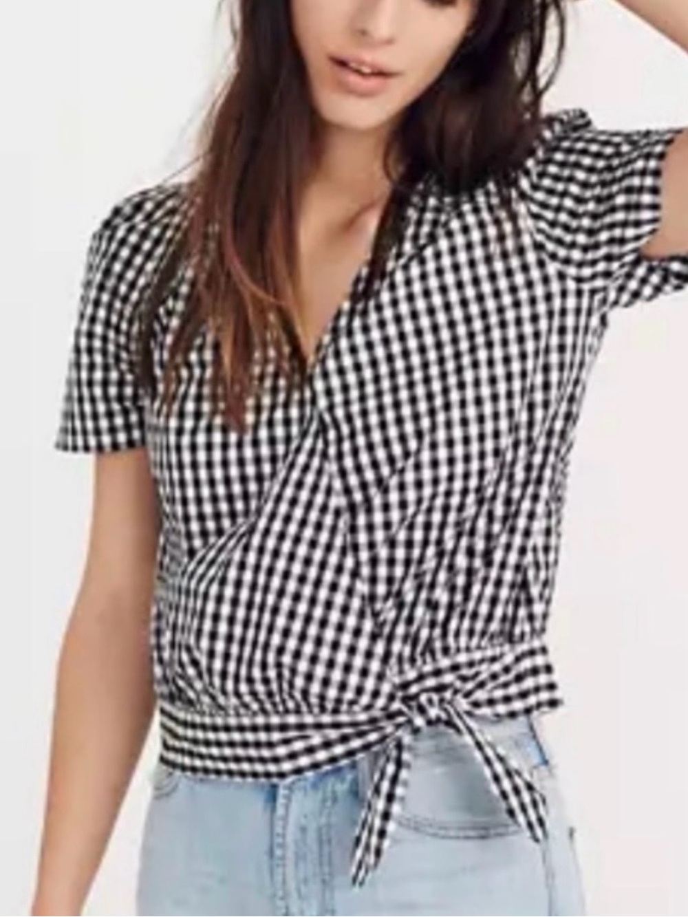 Madewell Cotton Gingham Wrap Blouse Tie Waist • NWT Short Sleeve Black White XXL